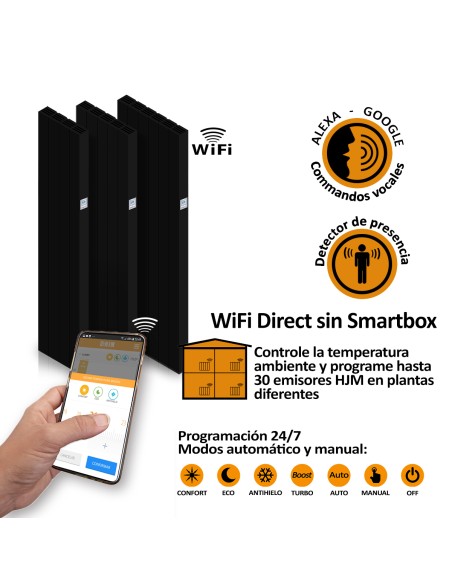 Radiador cerámico vertical AVA WIFI 1000W Negro, Sin Smartbox, Bajo Consumo-Programable 24/7